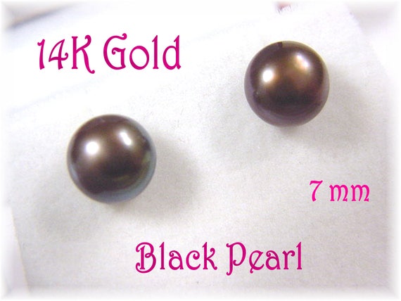 14K Gold South Sea Black Pearl Stud Earrings, Bla… - image 1