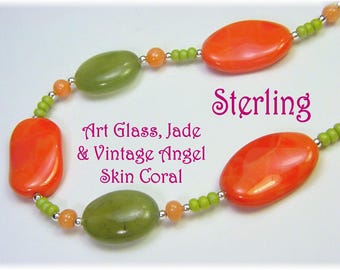 Jade Bead Angel Skin Coral Lampwork Art Glass Sterling Silver Necklace, Custom Art One of A Kind Jewelry    FREE SHIPPING