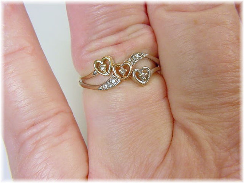 Daughter Ring Stack Triple Heart Diamond 10K Gold Sweetheart Promise Ring FREE SHIPPING White Yellow Rose Gold Promise Ring 14K