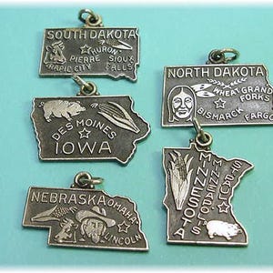 Vintage State Map Sterling Silver Charm, For Charm Bracelet, You Pick State, Nebraska  FREE Shipping