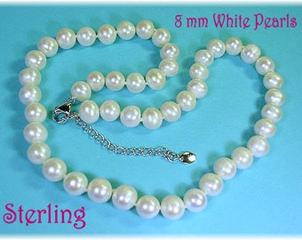 White Pearl 20" Strand Sterling Silver Necklace, 8 mm Akoya Pearls   FREE SHIPPING