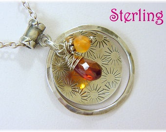 Starburst Garnet Halo Sterling Silver Pendant Chain Necklace, One of A Kind Artisan Jewelry, Wire Wrapped   FREE SHIPPING