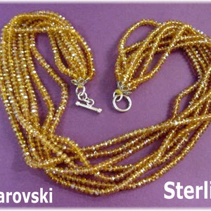 Swarovski Crystal Bead Sterling Silver 7 Multi Strand Necklace, Over 1000 Sparkling Faceted Honey Yellow Aurora Borealis Beads FREE SHIPPING