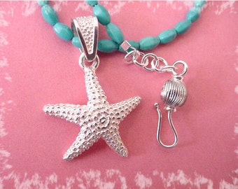 Sterling Silver Starfish Pendant Necklace, Sleeping Beauty Turquoise, Starfish Necklace, Artisan Jewelry, Beach Wedding   FREE SHIPPING