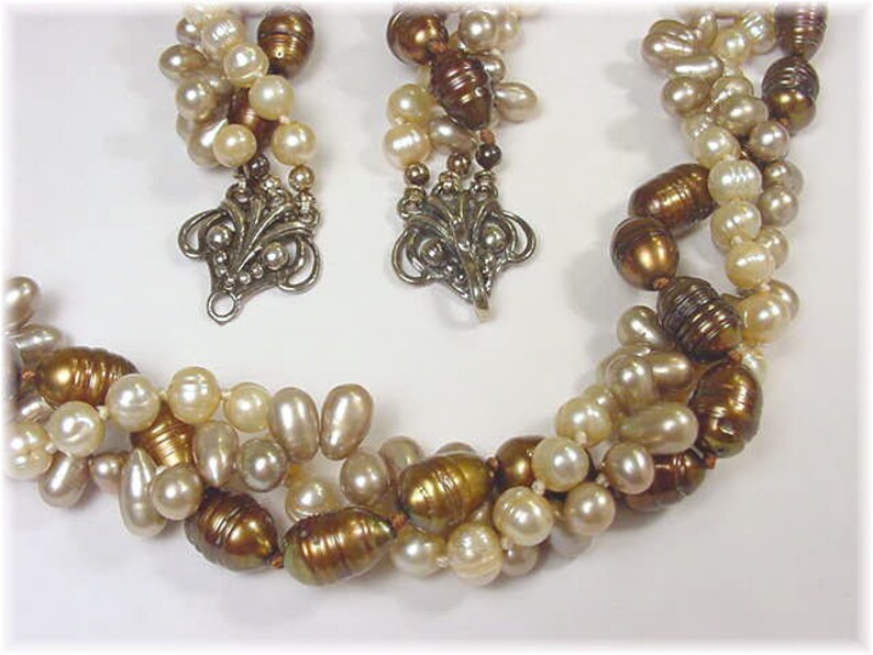Chocolate Brown Baroque 3 Strand Twisted Pearl Sterling Silver Necklace FREE SHIPPING Artisan Iridescent 6 to 10 mm Torsade Pearls Bead