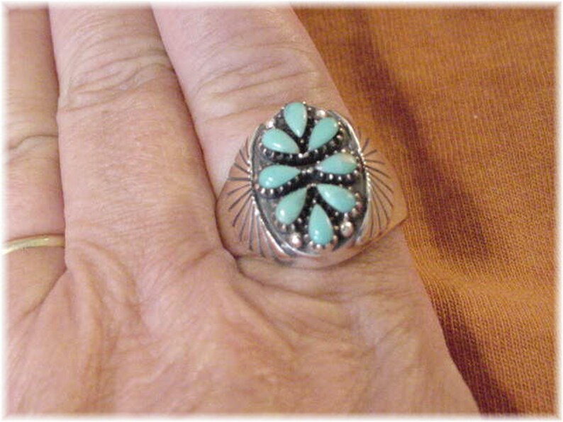 Size 14 Thumb Ring Needlepoint Petit Point Native American Concho Indian FREE SHIPPING Kingman Turquoise Sterling Silver Zuni Ring