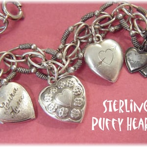 Charm Bracelet, Puffy Heart Charm, Sterling Silver Charm Bracelet, Hearts, Cupid, Love, Bride, Cherub,  Antique Estate   FREE SHIPPING