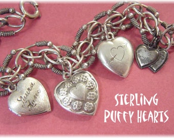 Puffy Heart Sterling Silver Charm Bracelet, Romantic Hearts, Cupid, Love, Bride, Cherub, Wedding Jewelry, Antique Estate + FREE SHIPPING