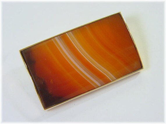 10K Gold Banded Agate Bar Brooch Pin, Carnelian, … - image 2