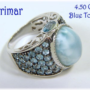 Larimar Ring, Swiss Blue Topaz Ring, Sterling Silver Cluster Ring, Genuine 9 Ct Blue Larimar, Caribbean, Beach + FREE Larimar  FREE SHIPPING
