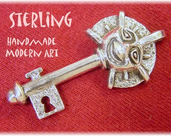 Happy Face Key Sterling Silver Pendant, Sunshine, Sun, Abstract Jewelry, Artisan, Handmade     FREE SHIPPING