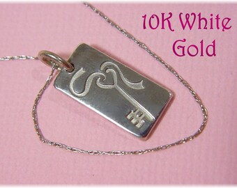 10K White Gold Key To My Heart Pendant Chain Necklace, New Home Gift, House Key, Heart Necklace   FREE SHIPPING