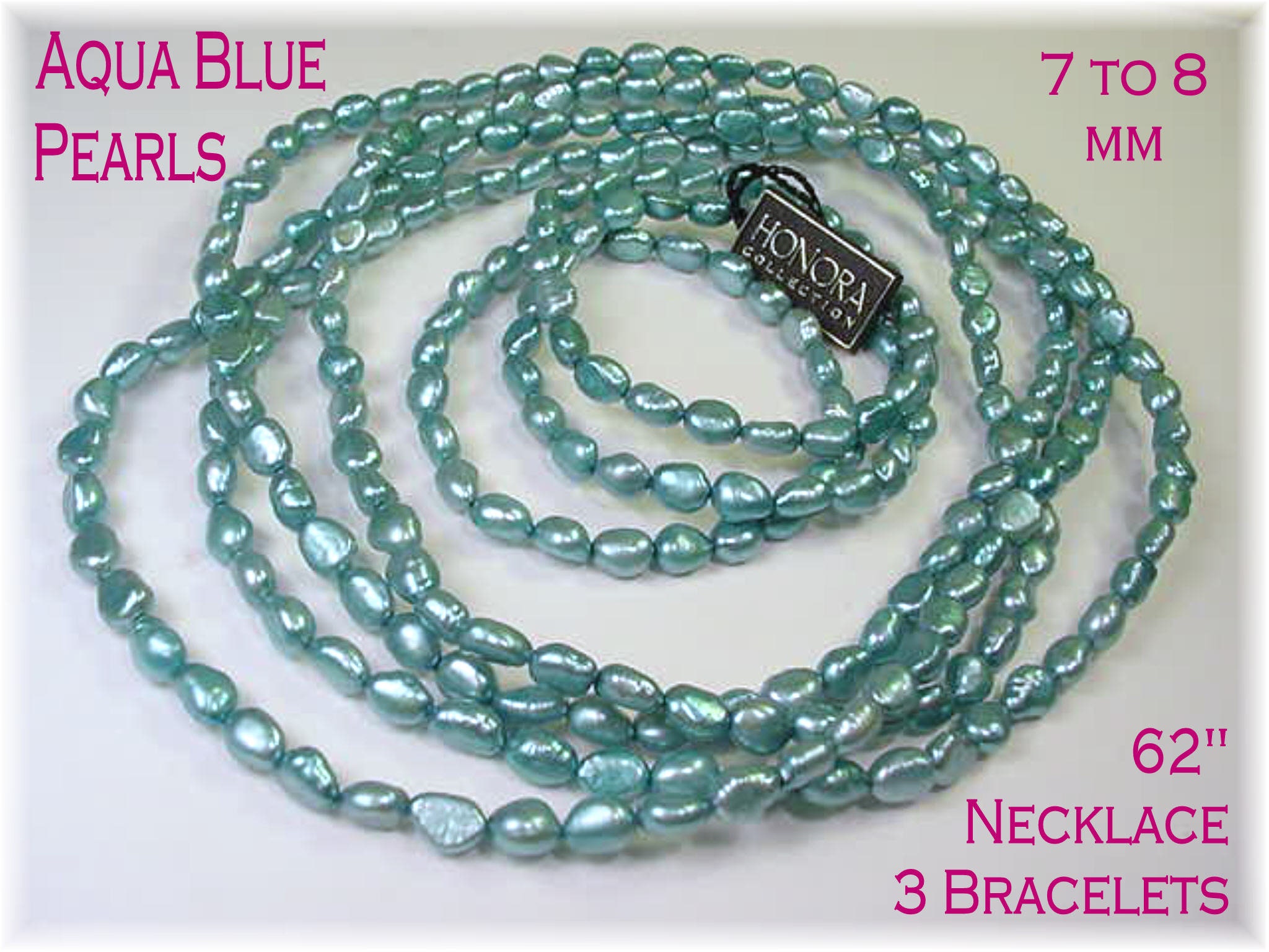 Honora Aqua Blue Pearl 62 Strand Necklace 3 Bracelets 7 to 8 Mm