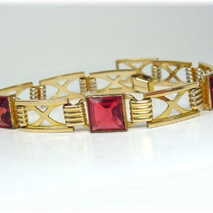 Simmons Ruby Crystal Gold Filled Sweetheart Bracelet, GF, Art Deco Link, Victorian  FREE SHIPPING