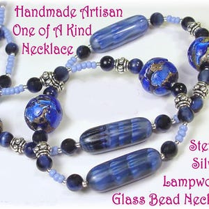 Murano Blue Gold Foil Bead & Lampwork Art Glass Sterling Silver 30&quot; Necklace, One of A Kind Artisan Handmade Jewelry, Beach  FREE SHIPPING