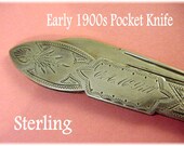 Sterling Silver - Folding Fruit 3 1/8" Pocket Knife - 27 Grams - Art Nouveau - Engraved - Sword Blade -  Estate Antique - FREE SHIPPING