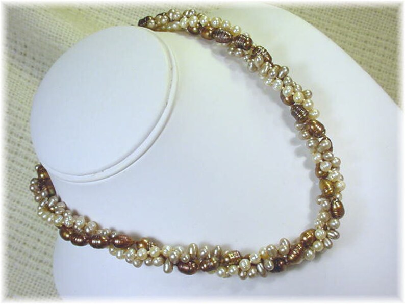 Chocolate Brown Baroque 3 Strand Twisted Pearl Sterling Silver Necklace FREE SHIPPING Artisan Iridescent 6 to 10 mm Torsade Pearls Bead