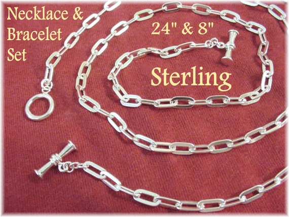 Sterling Silver 24" Necklace Bracelet Set, Flat C… - image 1