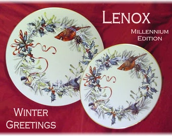 LENOX Winter Greetings Dinner Plate Salad Plate, Rare Millennium Edition, Made in USA 24K Gold Trim, Christmas Dishes Cardinal FREE Shipping
