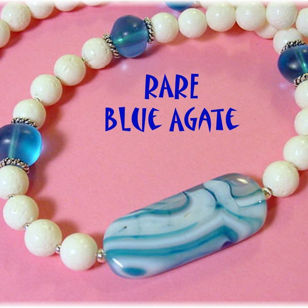 RARE Blue Banded Agate Sterling Silver Bead Necklace, Artisan One of A Kind, Sea Glass, Sponge Coral, Art, Beach Tropical + FREE SHIPPING