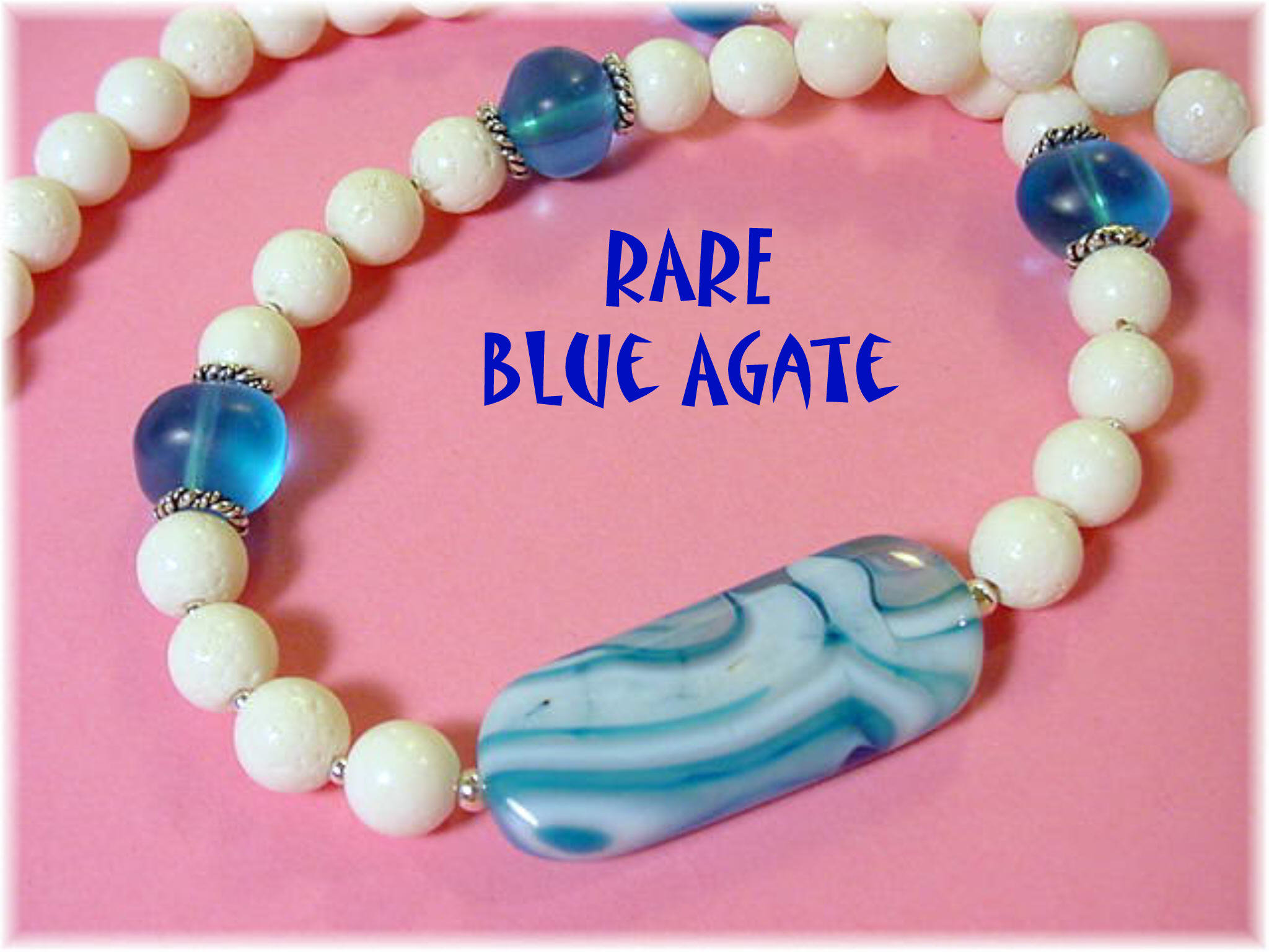 Blue Banded Agate Necklace, Sterling Silver Bead Necklace, Artisan Jewelry, One of A Kind, Sea Glass, Branch Coral, Art, Beach FREE SHIPPING