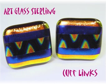Lampwork Art Glass Sterling Silver Cufflinks, Custom One of A Kind Jewelry, Implosion, Cuff Links, Modern Art   FREE SHIPPING