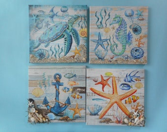Starfish Turtle Seahorse Fish Canvas Wall Art-(MORE CHOICES) Coastal Home Decor