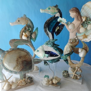SeaShell Sea Life Capiz Sculpture Accent Piece -Coastal Nautical Beach Home Decor-Mermaid, Turtle. Fish, Seahorse