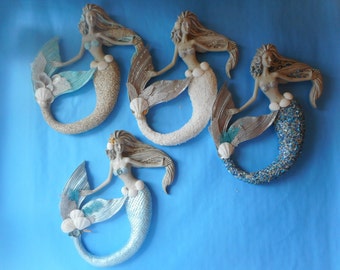 SeaShell Wall Mermaid-Mermaid Art Sculpture Statue -Coastal Nautical Beach Mermaid Home Decor-Mermaid With Shells