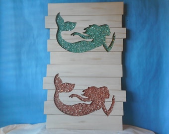 Swimming Sea Shell Wall Mermaid  Cut Out Wood Wall Pallet Sign - Coastal Nautical Beach  Home Decor