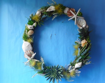 Sea Shell Artificial Succulent Wreath- Beach Wreath-Door Wreath-Summer Wreath-Coastal Wreath