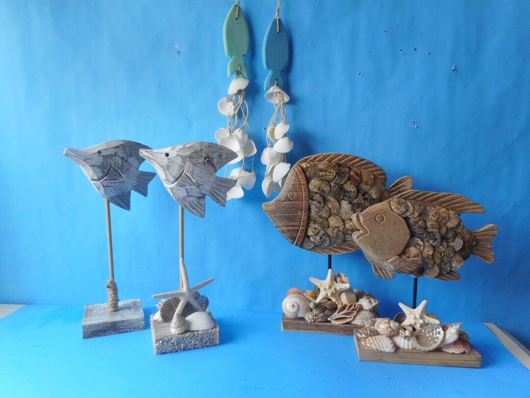 Sea Shell Wood Fish-coastal Home Decor-beach Decor-sea Shell Fish-wood ...