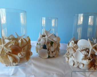 Sea Shell Sea Glass Candle Holder- Sea Shell Vase- Shell Hurricane Holder-Beach Decor