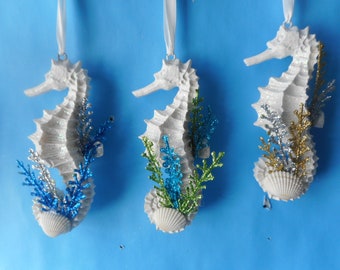 Coastal Christmas Sea Horse Ornament- White Christmas Ornament- Nautical Seaside Ocean Christmas Decor