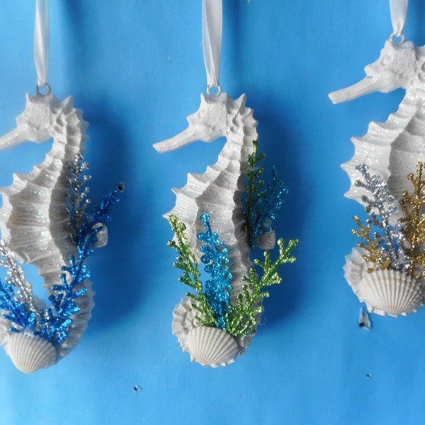 Coastal Christmas Sea Horse Ornament- White Christmas Ornament- Nautical Seaside Ocean Christmas Decor