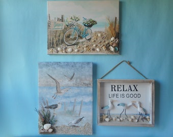 Sandy Beach Painted Canvas Wall Art With Seashells-Decorative Canvas - Coastal Nautical Beach Home Decor