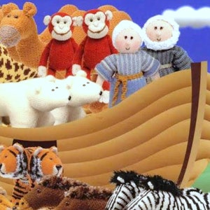 May include: A knitted Noah's Ark with a variety of animals including a zebra, a tiger, a polar bear, monkeys, and a giraffe. The ark is made of brown yarn and the animals are made of different colored yarns.