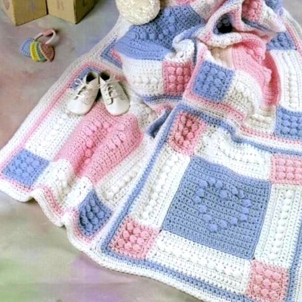 Vintage Crochet Pattern PDF  Heart Motif Baby Afghan  Pram Cover Cot Blanket Crib Cover    Christening Baby Shower Baptism