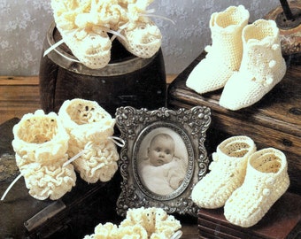 Vintage Crochet Pattern PDF Baby Booties 5 Designs  Lace Christening Baptism Shoes Boots Victorian Button Ruffles Rosebud Heirloom