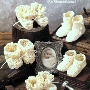 Vintage Crochet Pattern PDF Baby Booties 5 Designs  Lace Christening Baptism Shoes Boots Victorian Button Ruffles Rosebud Heirloom