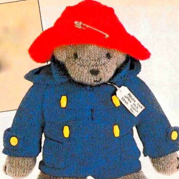 Vintage Knitting Pattern Paddington Bear  Soft Toy Hat Duffle Coat Large 17ins tall Retro Teddy Cartoon Christmas Gift PDF Download