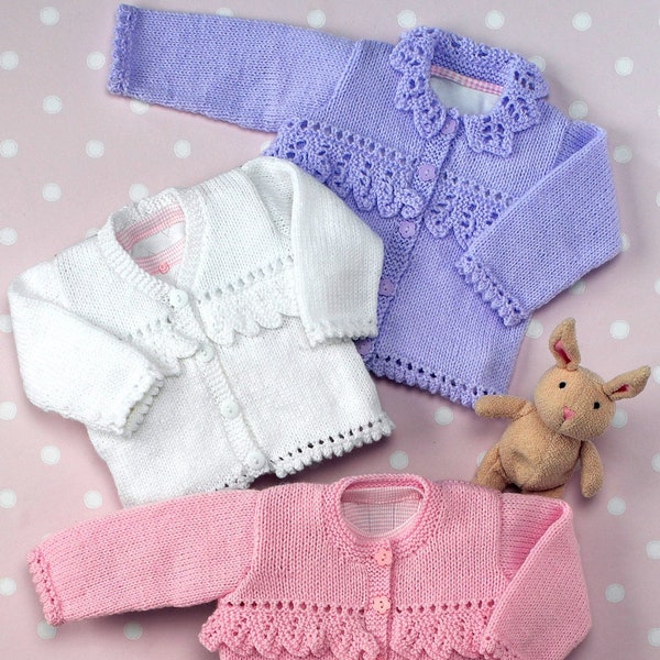 Knitting Pattern PDF Baby and Childrens Lace Trimmed Cardigan  Newborn to 6 Years DK Jacket Matinee Jumper Pullover Vintage Frilled Collar