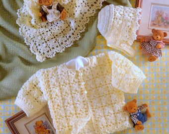 Vintage Crochet Pattern Matinee Set Baby Jacket Shawl Bonnet  Hat Blanket Cardigan Coat