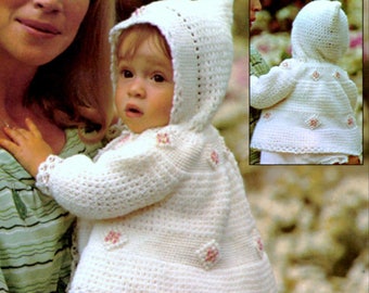 RETIREMENT SALE *** Vintage Crochet Pattern PDF Baby Hooded Jacket Diamond Rosebud Design  Pullover Coat Cardigan Petal Love Knot Stitch
