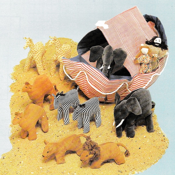 Vintage Sewing Pattern Noahs Ark Mr Mrs Noah Dolls Animals Elephant Giraffe Lion Zebra Camels Doves Soft Toy