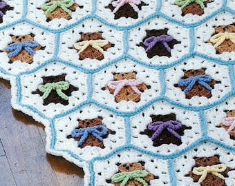 Vintage Crochet Pattern Baby Bear and Bows  Afghan Cot Pram Blanket Throw Hexagon