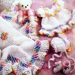 Vintage Crochet Pattern Baby Rings Layette Girl and Boy Afghan Bonnet Booties Dress Hooded Jacket Hoodie Blanket