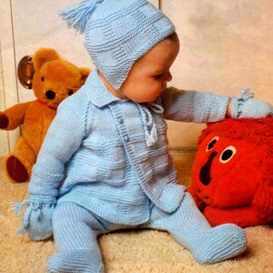 Vintage Knitting Pattern  Baby Matinee Jacket Leggings Mitts and Helmet Pram Set Baby Boy PDF