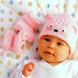 Vintage Knitting PDF Baby Animal Hat and Paws Bootees Cat Kitten Beanie Boots Booties