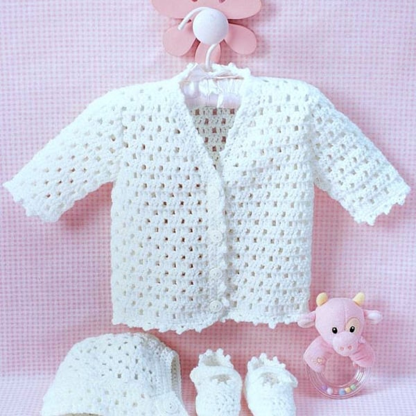 Vintage Crochet Pattern PDF  Baby Matinee Set  Jacket Bonnet Bootees  Layette Coat Cardigan Hat Pram Set